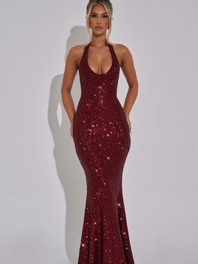 Sparkling Halter Mermaid Maxi Dress in Deep Wine